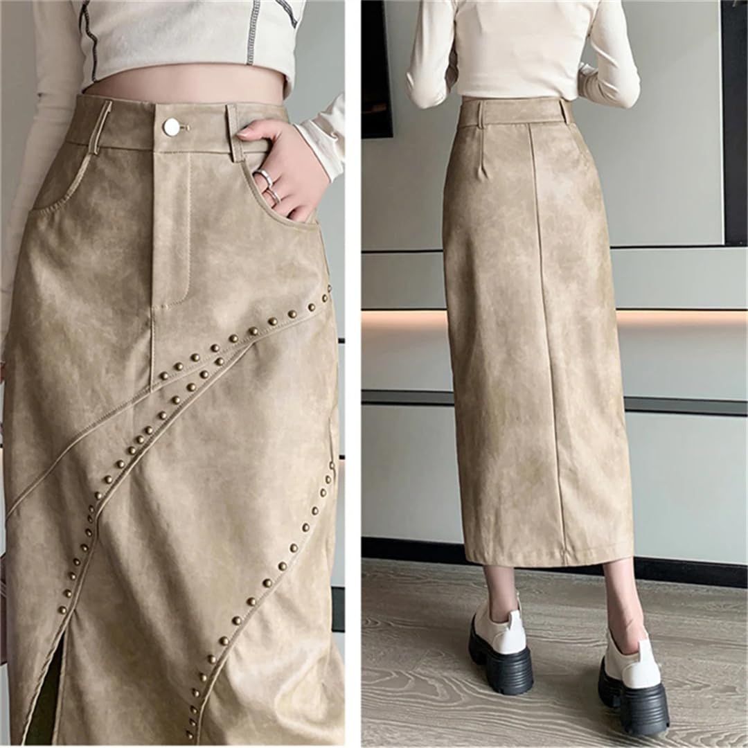 Wjnvfioo Otoño Invierno Faux PU Cuero Rivet Mujeres Faldas Largas de Cintura Alta Clásica Frente Split Straight Faldas