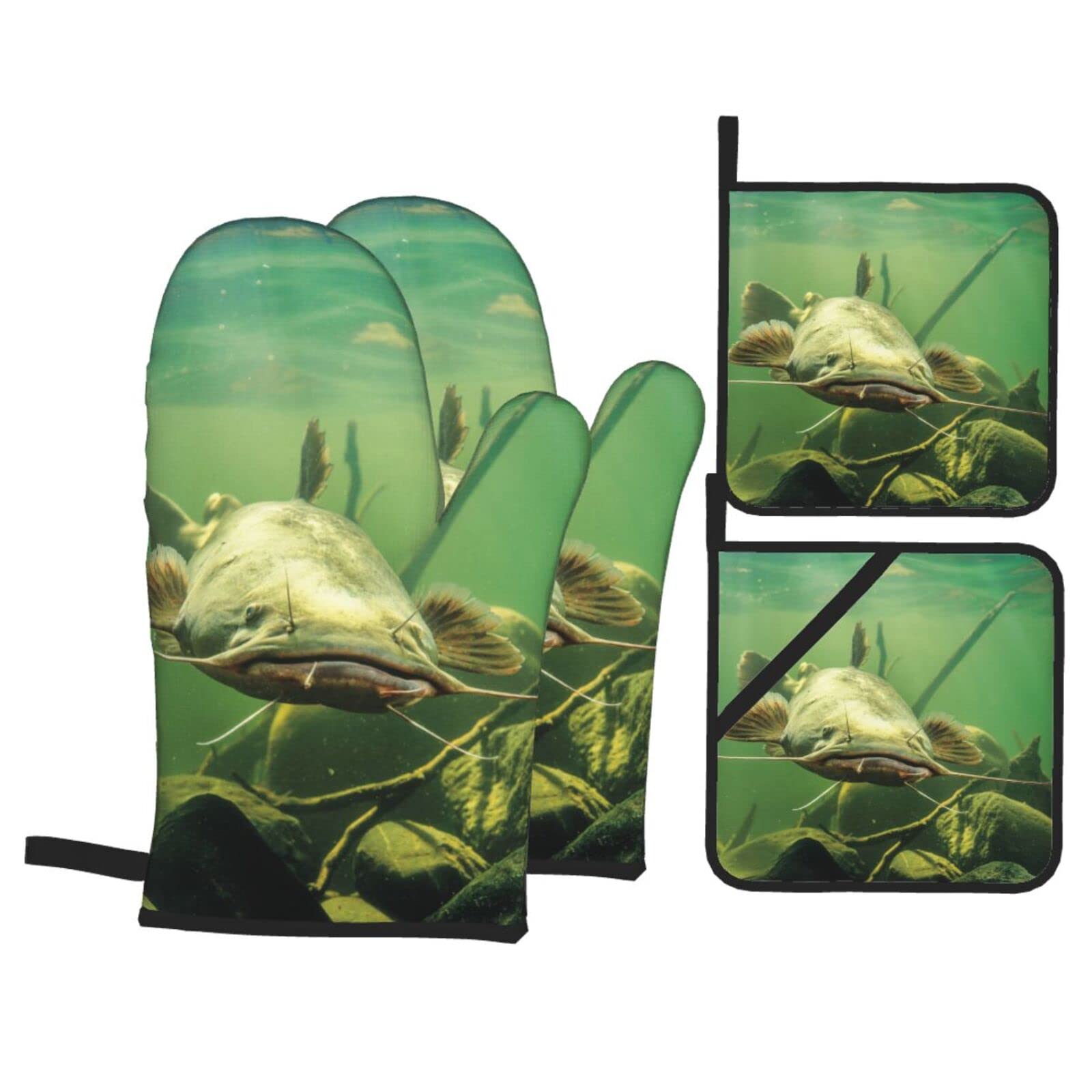 Underwater Catfish Print Kitchen Baking Four Piece Set of Heat Resistant Thick Cotton Oven Mitts for Cooking, Baking and Grilling