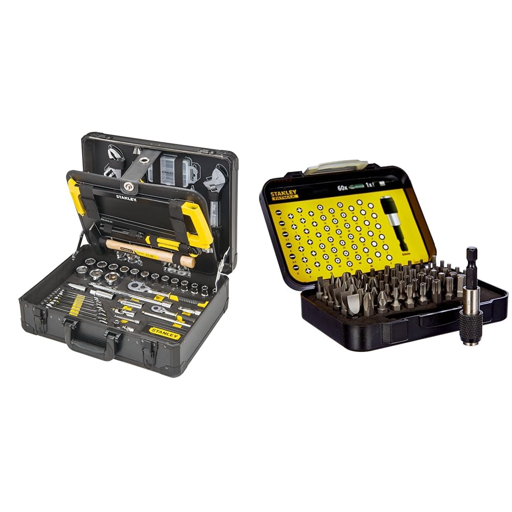 STANLEY Valise de Maintenance - 142 Pièces - Pinces et coupe-touts, clé à molette, niveau & Coffret de 61 Embouts 1/4" (25mm) + mallette - Porte Douille Adaptateur 50mm - Porte embout magnétique 60mm