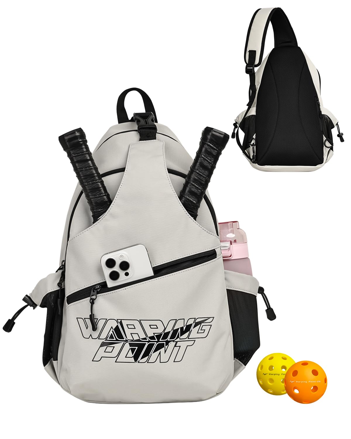 Warping Point Pickleball Bag, Adjustable Large Capacity Pickleball Crossbody Backpack for Women Men, Sling Padel Bag Hold 2 to 4 Paddles with Multiple Compartments, Wet & Safety Pocket Fence Hook