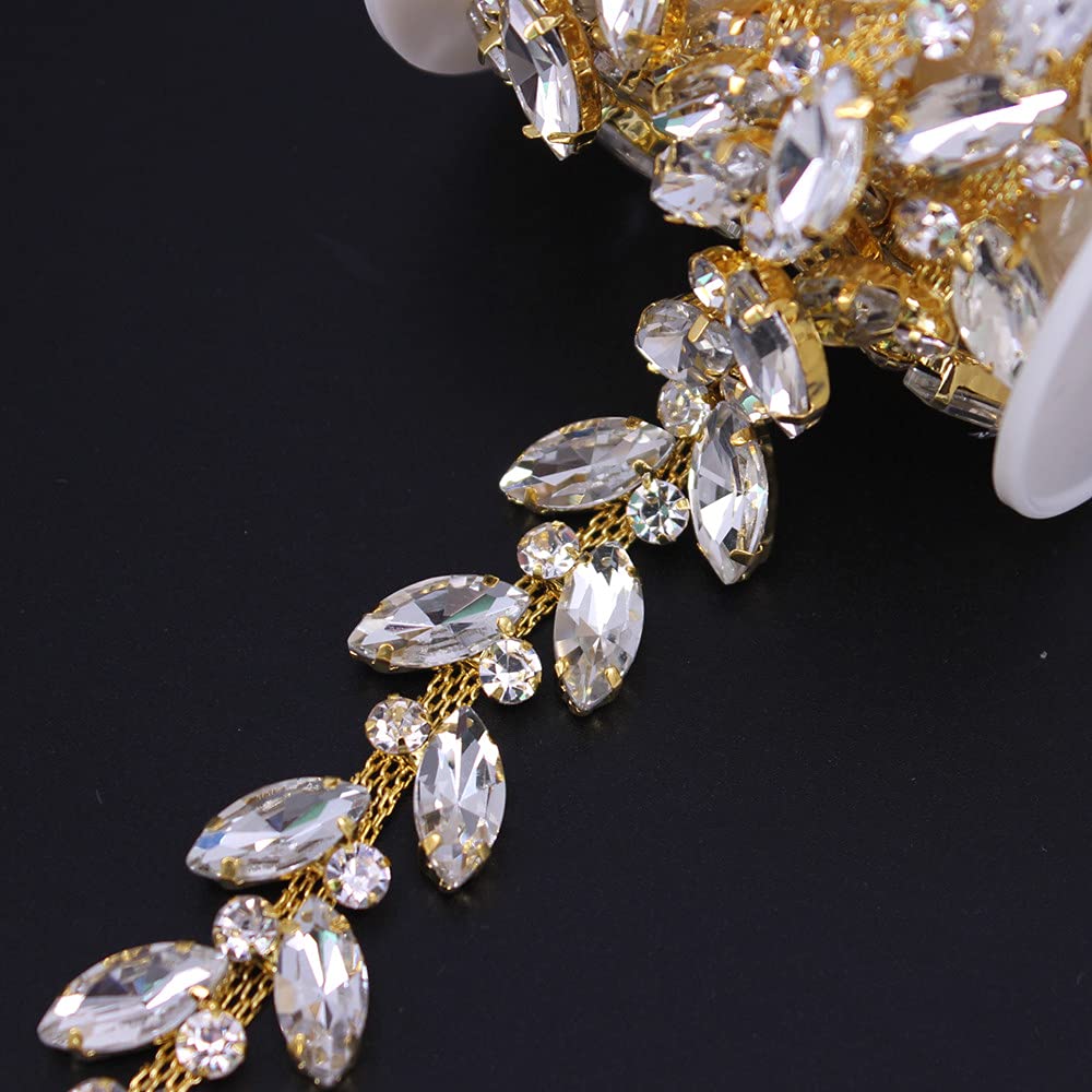 Phicmanlo 1 Yard AB Rhinestone Close Chain Trimming Applique for Sewing Craft, Jewelry Making, DIY Crafts Wedding Party Embellishments (Gold)