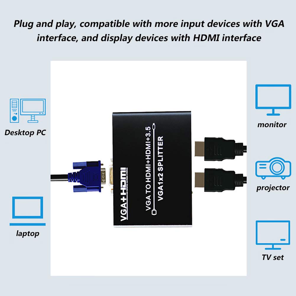 RSGK Splitter da VGA a HDMI + HDMI, Convertitore 1 Ingresso 2 Uscite con Uscita Audio, Visualizzazione Simultanea, Uscita Audio Indipendente, qualità Dell'immagine Ad Alta Definizione 1080P