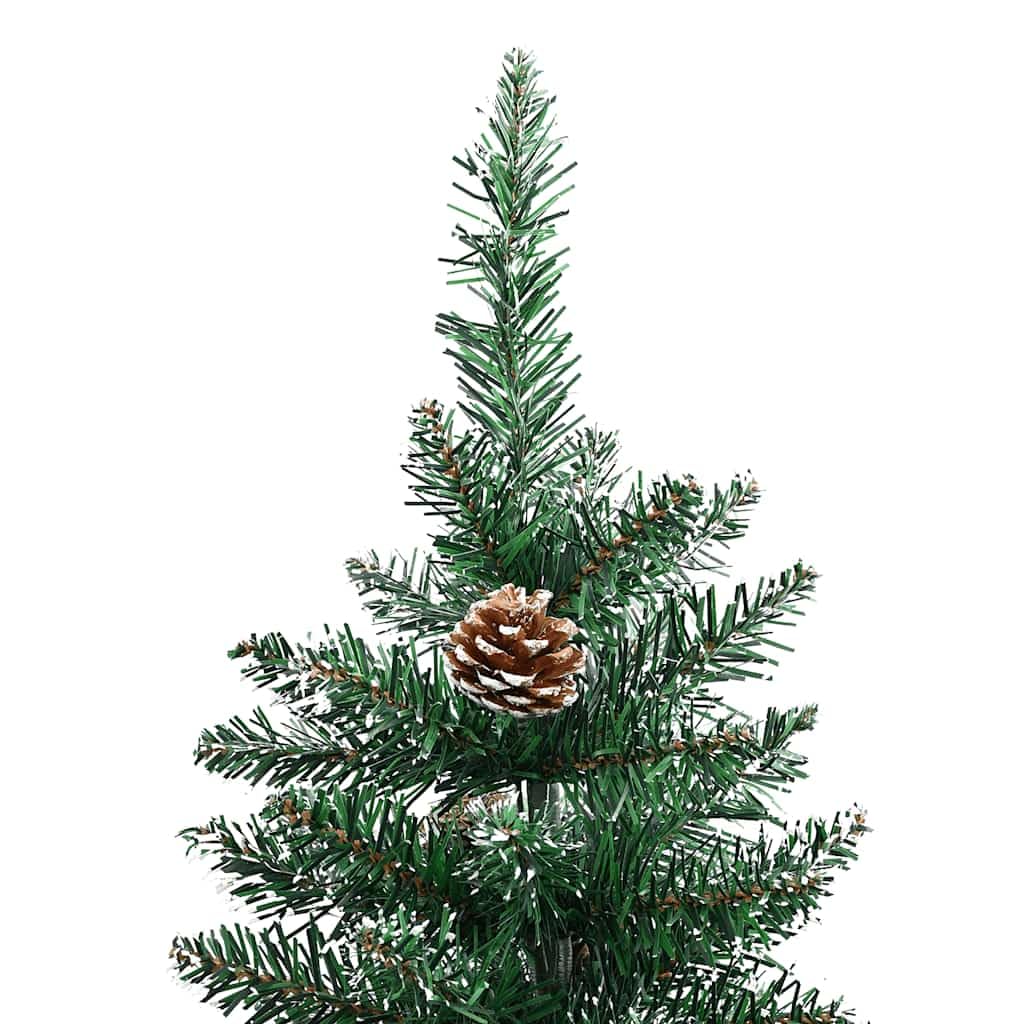 Árbol de Navidad artificial delgado de 180 cm con madera auténtica, nieve y ramas de coníferas, verde, de PVC, pino y acero, estable, duradero, para interior y exterior protegido