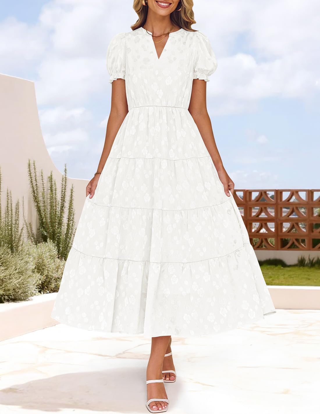 ZESICA Womens 2026 Summer Puff Short Sleeve Midi Dress Floral V Neck Textured Ruffle Flowy Beach Party Dresses - Image 2