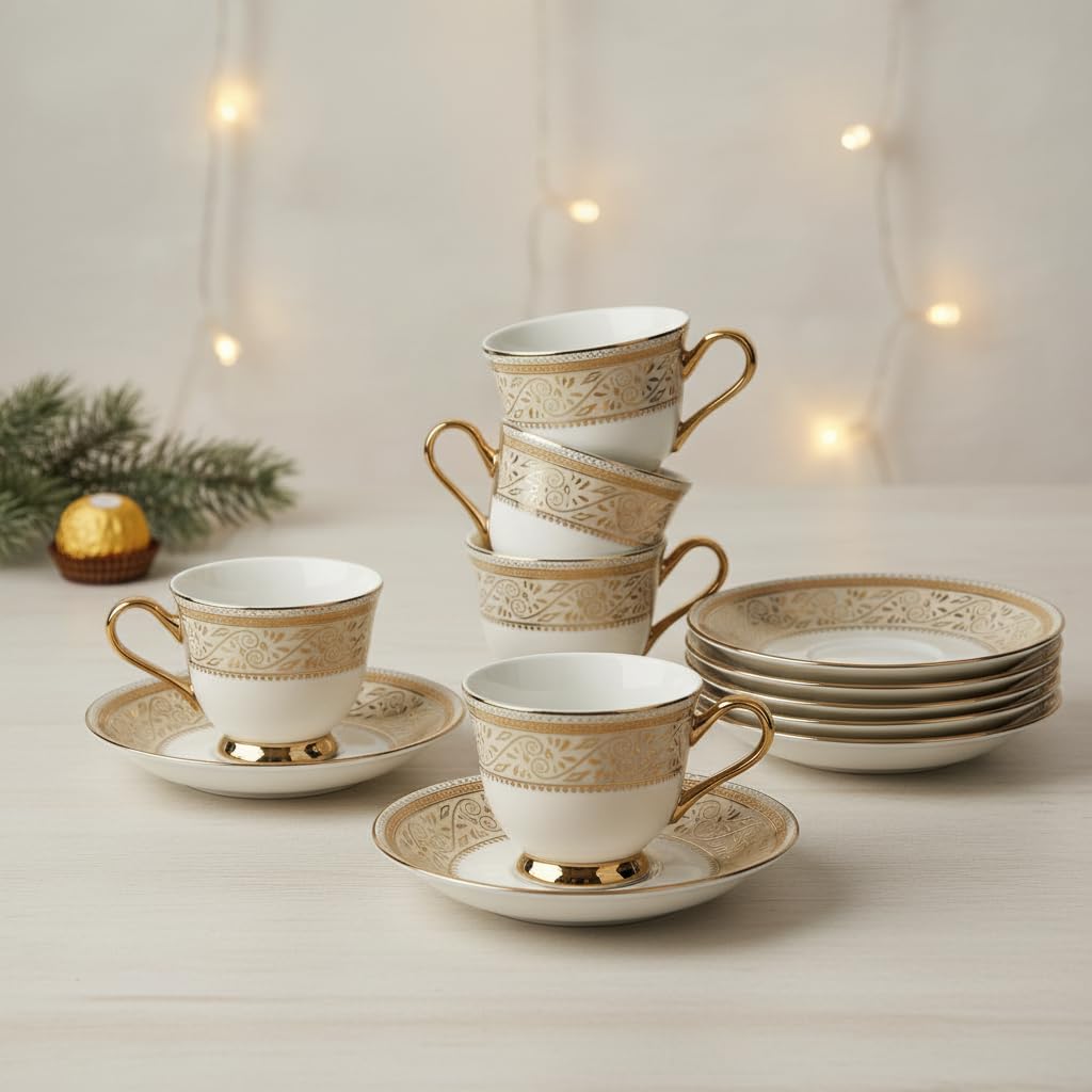 SkyKey Fine Bone China Indian Royal Look Golden Made Floral Printed Tea Cup and Saucer Set with Golden Handle- Pack of 6, (White, 180ML)