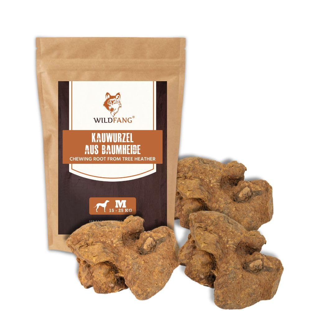 Wildfang® Kauwurzel aus Baumheide für Hunde, Größe M - Natürliches Kauspielzeug Hund, splitterfreies Hundespielzeug unzerstörbar zur Zahnpflege Hund & Welpenspielzeug (für Hunde 15–25 kg), 3 Stück