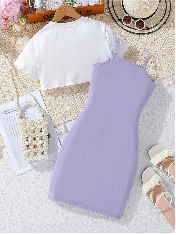 Image of Kids Cami Bodycon Dress | Short Dress for Baby Girls | Girl's Polyester Sleeveless Cami Bodycon Dress with Half Sleeves Crop Top