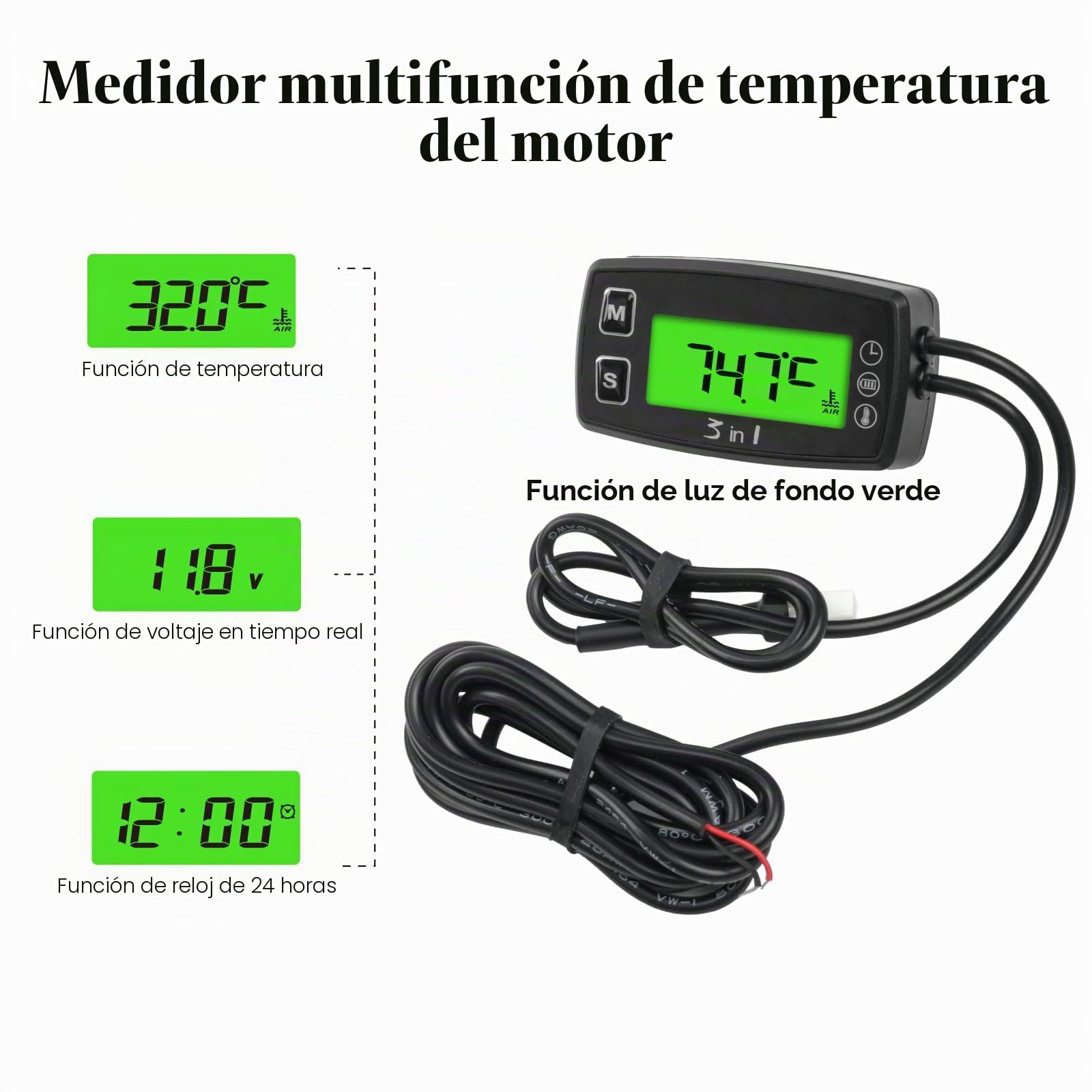 Medidor de temperatura del motor, voltímetro, reloj de 24 horas con alerta de sobretemperatura, función de retroiluminación verde para cortacésped, sierras de cadena, motocicletas, motores