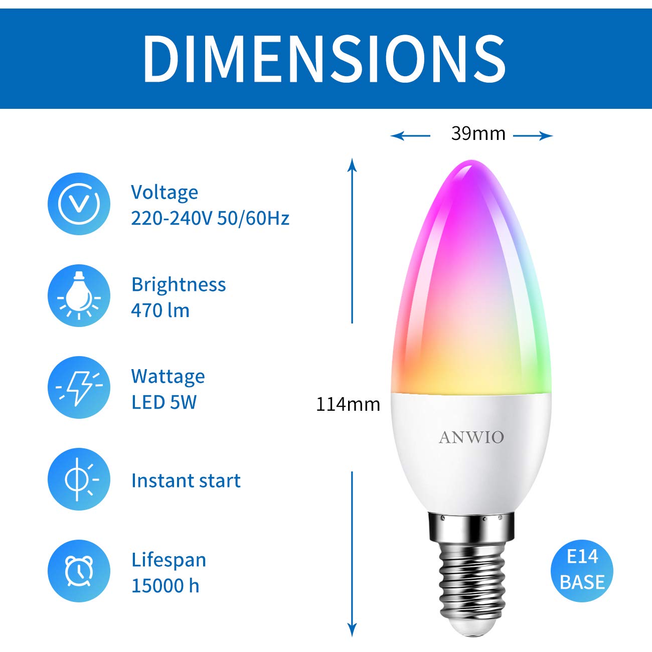 ANWIO Inteligentna lampa LED E14, żarówka Alexa E14, RGB Alexa, ściemniana żarówka LED, 5 W, Wi-Fi, Bluetooth, zastępuje 40 W, 470 lm, kompatybilna z Echo and Google Assistant (zestaw 4 szt.)