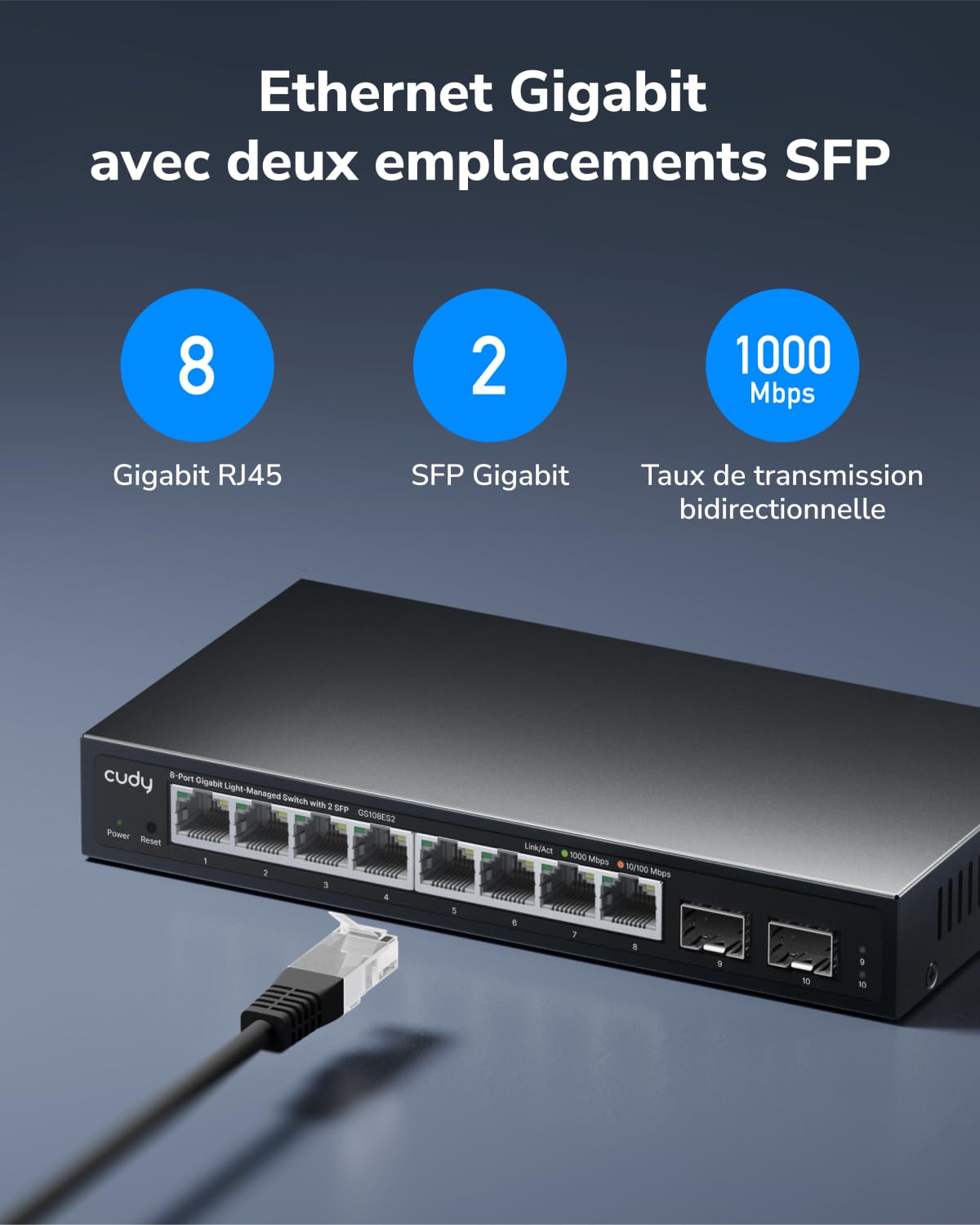 Cudy Commutateur Intelligent Gigabit à 10 Ports, Professionnel, GS108ES2 | 8 ports GbE, 2 ports de liaison montante par fibre optique, débit à vitesse filaire, isolation des ports/mode 250 m