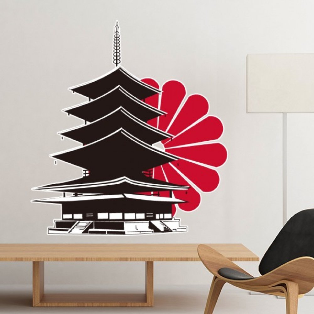 Sticker mural amovible silhouette de temple noir et motif chrysanthème rouge