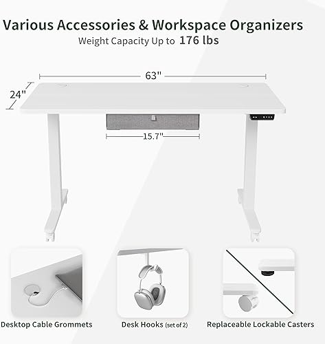 Miniatura 4 de FEZIBO Escritorio eléctrico de altura ajustable con cajón, tablero de 63 x 24 pulgadas, marco blancoparte superior blanca
