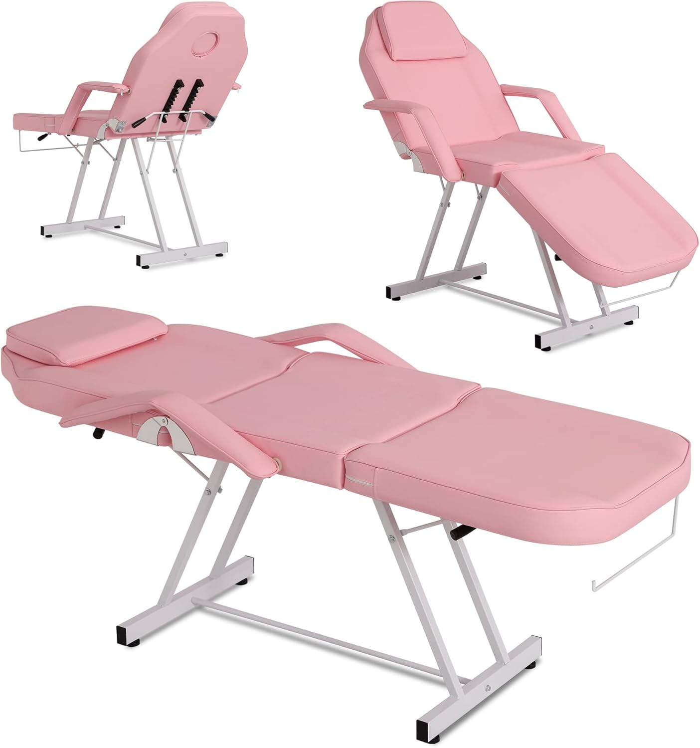 Table de Massage avec Tabouret Lit Massage Pliante 3 Zones Rose | en Cuir PU avec l’Appui-Tête Amovible Accoudoirs Réglables Lit Esthéticienne Physiothérapie, Tattoo