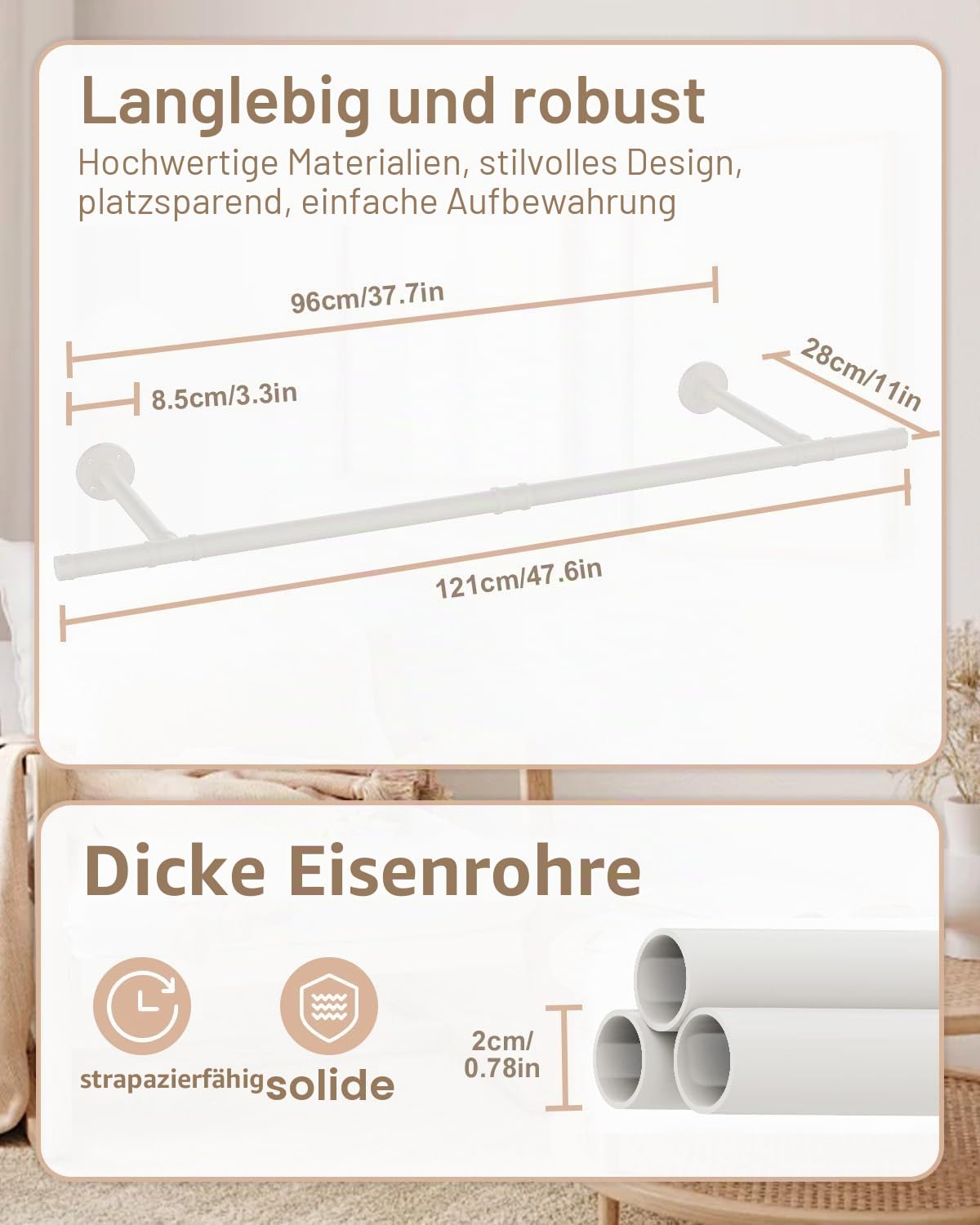 Kleiderständer, Platzsparend Kleiderstange, 121 cm, Weiß, 2 Set