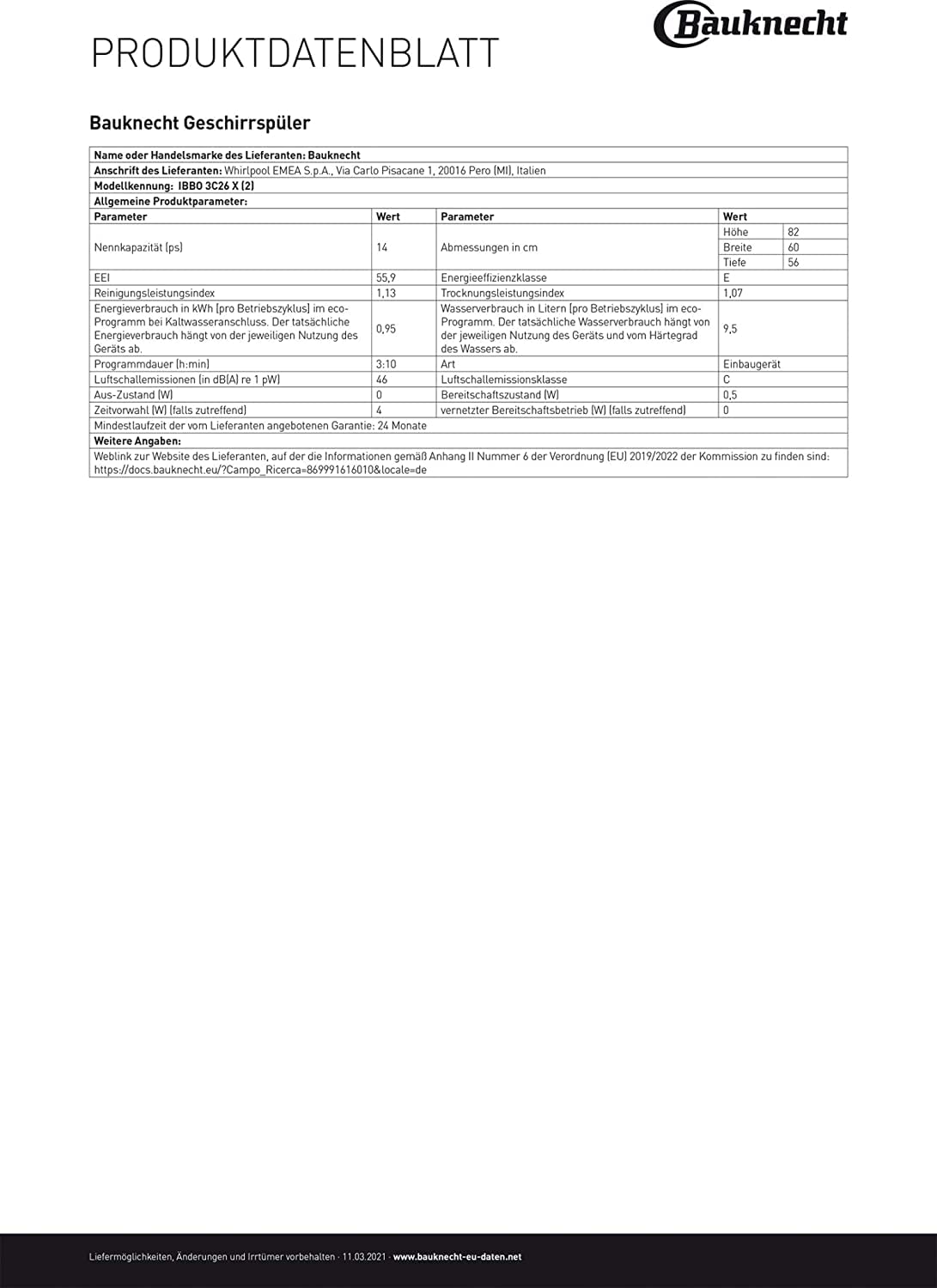 Bauknecht IBBO 3C26 X Teilintegrierter Geschirrspüler 60cm 14 Gedecke Active Dry Sensorprogramm Edelstahl