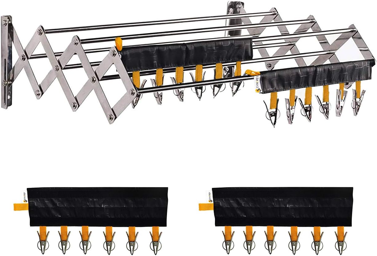 Synergy - 7 Rods - Heavy Duty Stainless Steel Foldable Wall Mount/Mounted Cloth Dryer/Clothes Drying Stand with EZEE Cloth Clipper Combo [SY-CS3-COMBO]