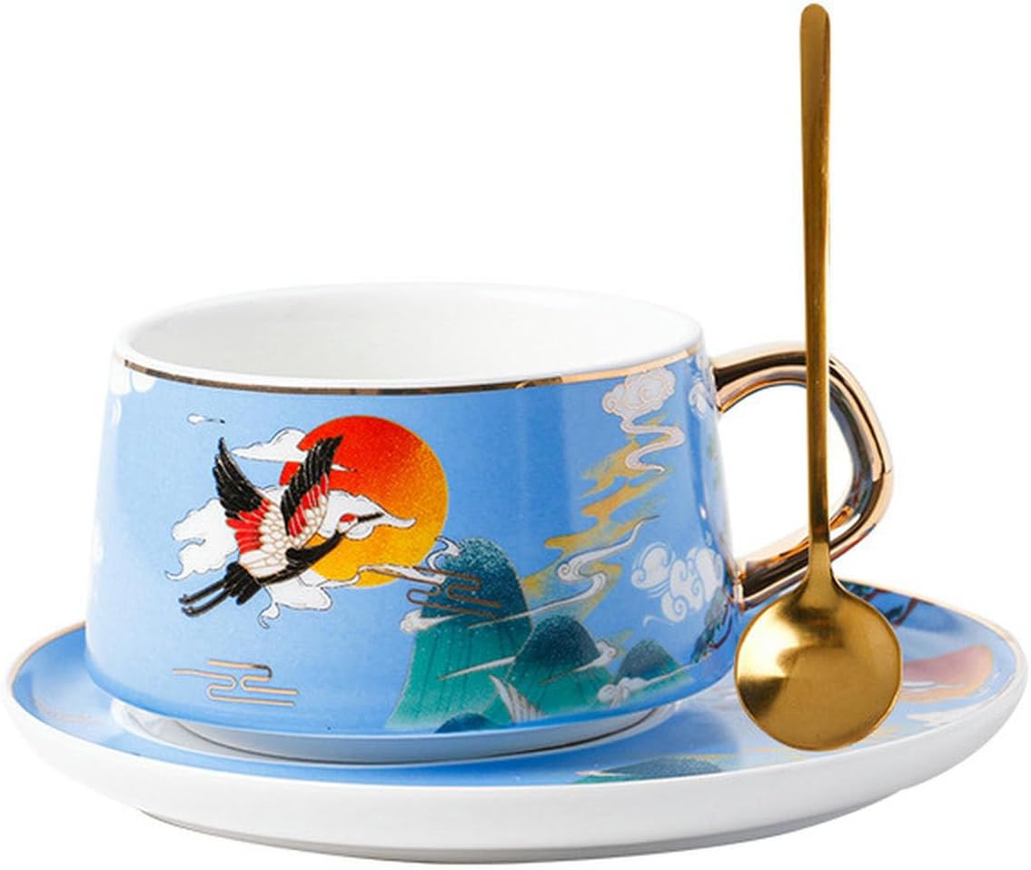 Ceramic coffee cup and saucer set, vintage household afternoon tea set - yellow cup and saucer spoon - simple