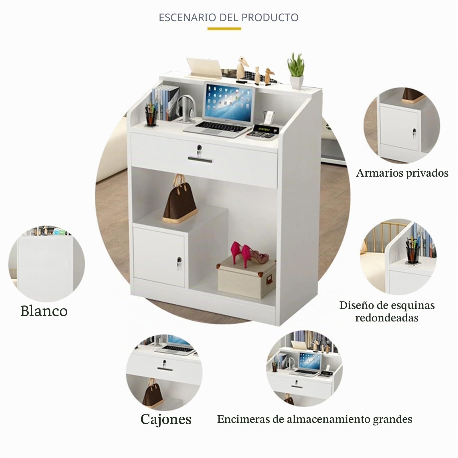 Mueble recepción, Mostrador de recepción, Mostrador de Tienda, Mostrador de Venta, Mueble de recepción, Cajones y Armario con Cerradura, para Clinica Salon, MDF, 60×40×92cm