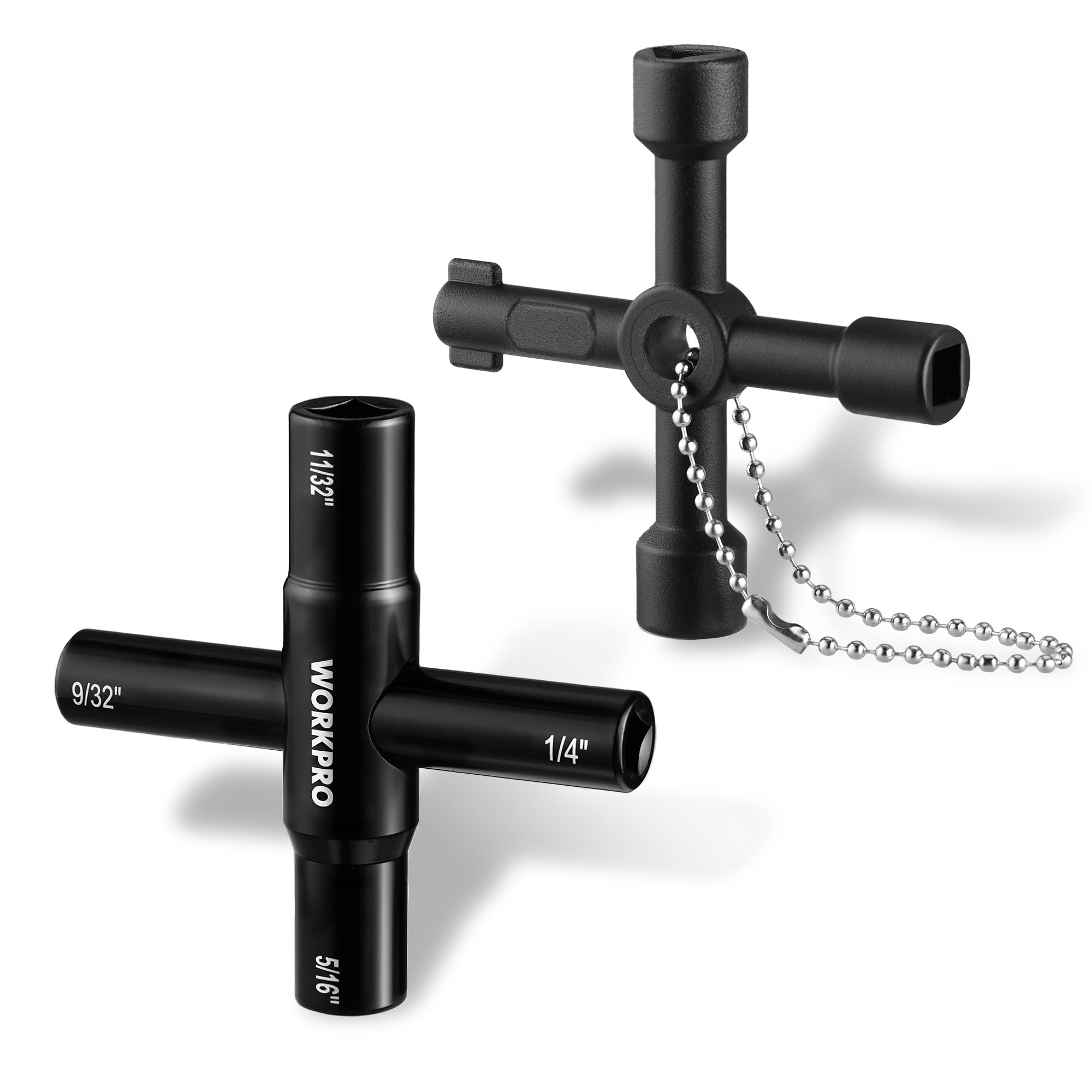 WORKPRO 2PC 4 Way Water Key Wrench, 40Cr Universal Utility Sillcock Key and Multifunctional Heavy-Duty Water Valve Key Tool for Faucet, Spigot, Electric Meter & Cabinet, 1/4", 9/32", 5/16",