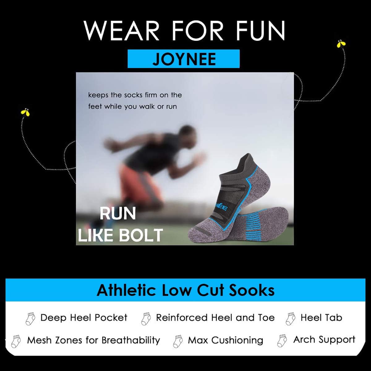 JOYNÉE 6 Pack Men's Running Ankle Socks with Cushion, Low Cut Athletic Sport Tab Socks - Image 6