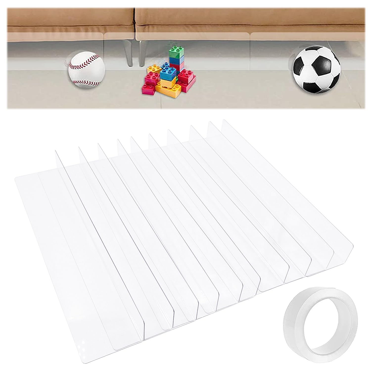 Set di 10 Pezzi Blocchi di Spazi Trasparenti sotto i Mobili, Bloccanti Giocattolo per sotto Il Divano, in PVC, Autoadesivo, Tagliabile, Deflettore Fondo Divano