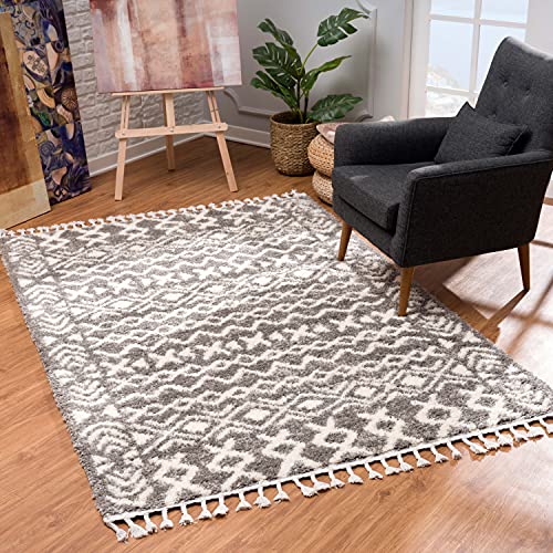 MyShop24 Teppich Wohnzimmer Shaggy - Grau Creme - 100x300cm - Deko Schlafzimmer Hochflor mit Fransen Flauschig Ethno Muster - Oeko Tex 100 Standard - Allergiker geeignet Cover