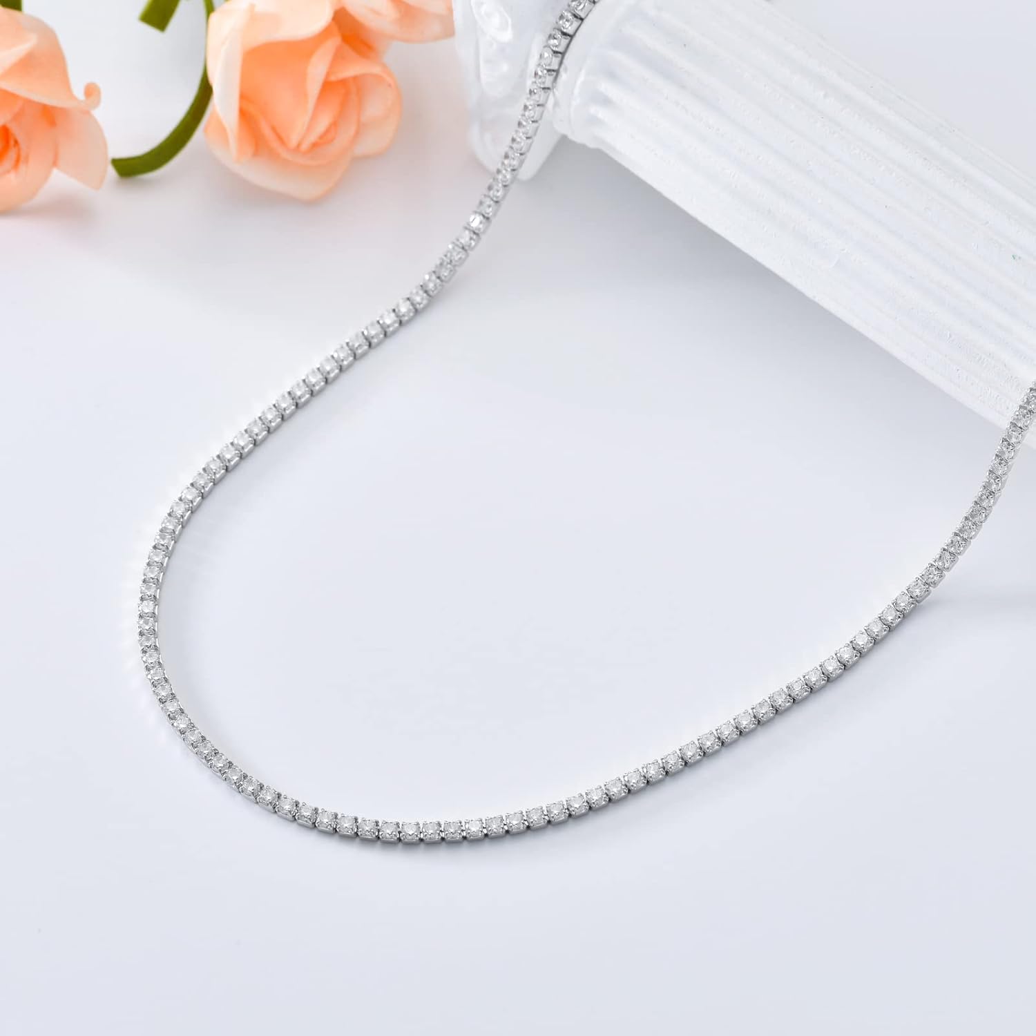Sterling Silver Cubic Zirconia Tennis Necklace Simulated Diamond Cut Tennis Chain Necklaces Jewelry Gift for Women and Men 14, 15, 16, 18, 20, 22, 24, 26"