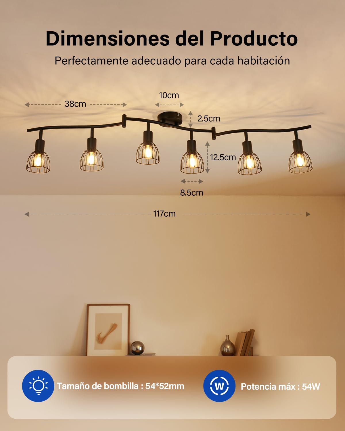 Leselux Lámpara de Techo LED con 6 Focos Orientables, Foco de Techo E14 | Industrial Plafón de Techo Negro, Focos LED Interior para Cocina Salon Dormitorio, Sin Bombillas