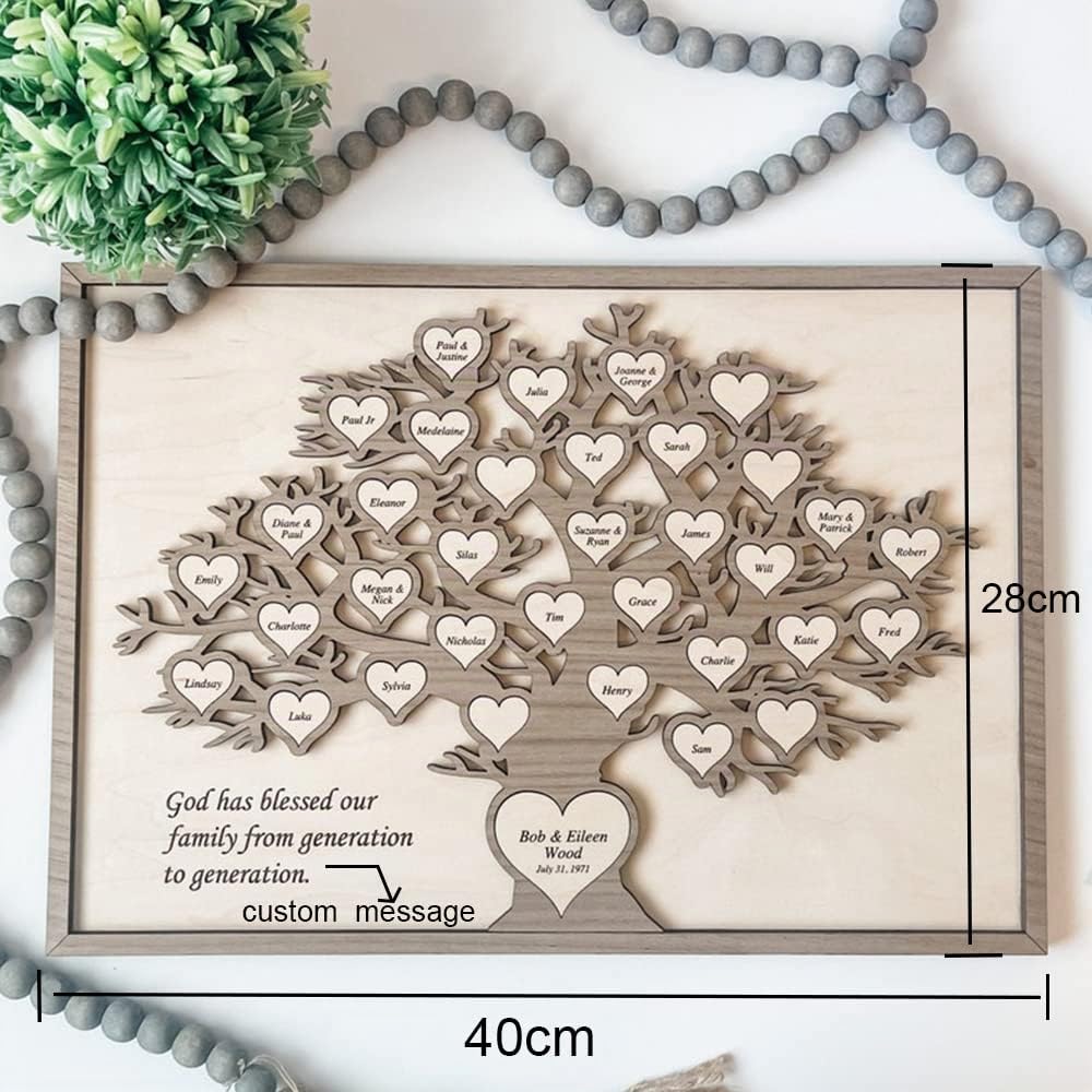 Nombres personalizados Árbol genealógico de madera para colgar en la pared, regalo grabado para aniversario, boda, cumpleaños, Navidad, Hanukkah, árbol familiar personalizado, decoración del hogar
