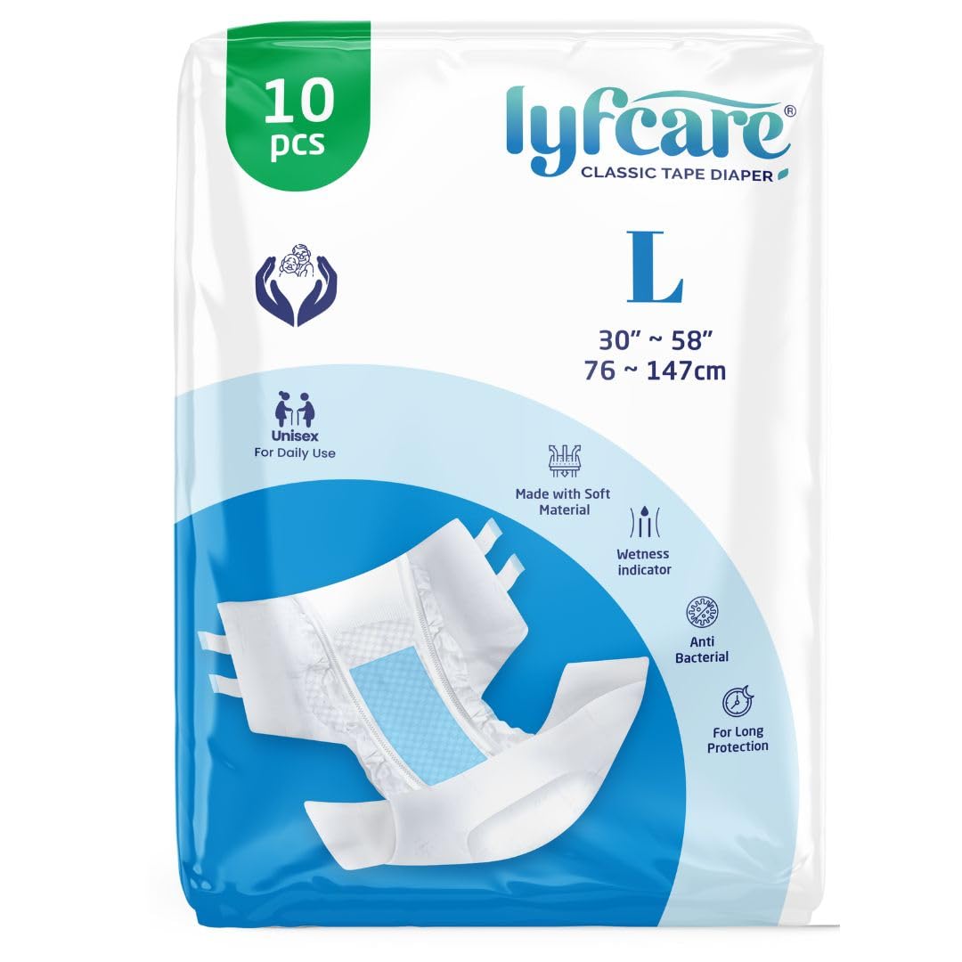 Lyfcare Open Tape Adult Diaper Large Size (L) - 10 Units | Unisex Diapers Open Tape Style | Waist (76-147 cm) | Wetness Indicator, Super Absorption, 360° Protection & 0% Leakage | for Men & Women (B0D7ZWD3S7) Amazon Price History, Amazon Price Tracker