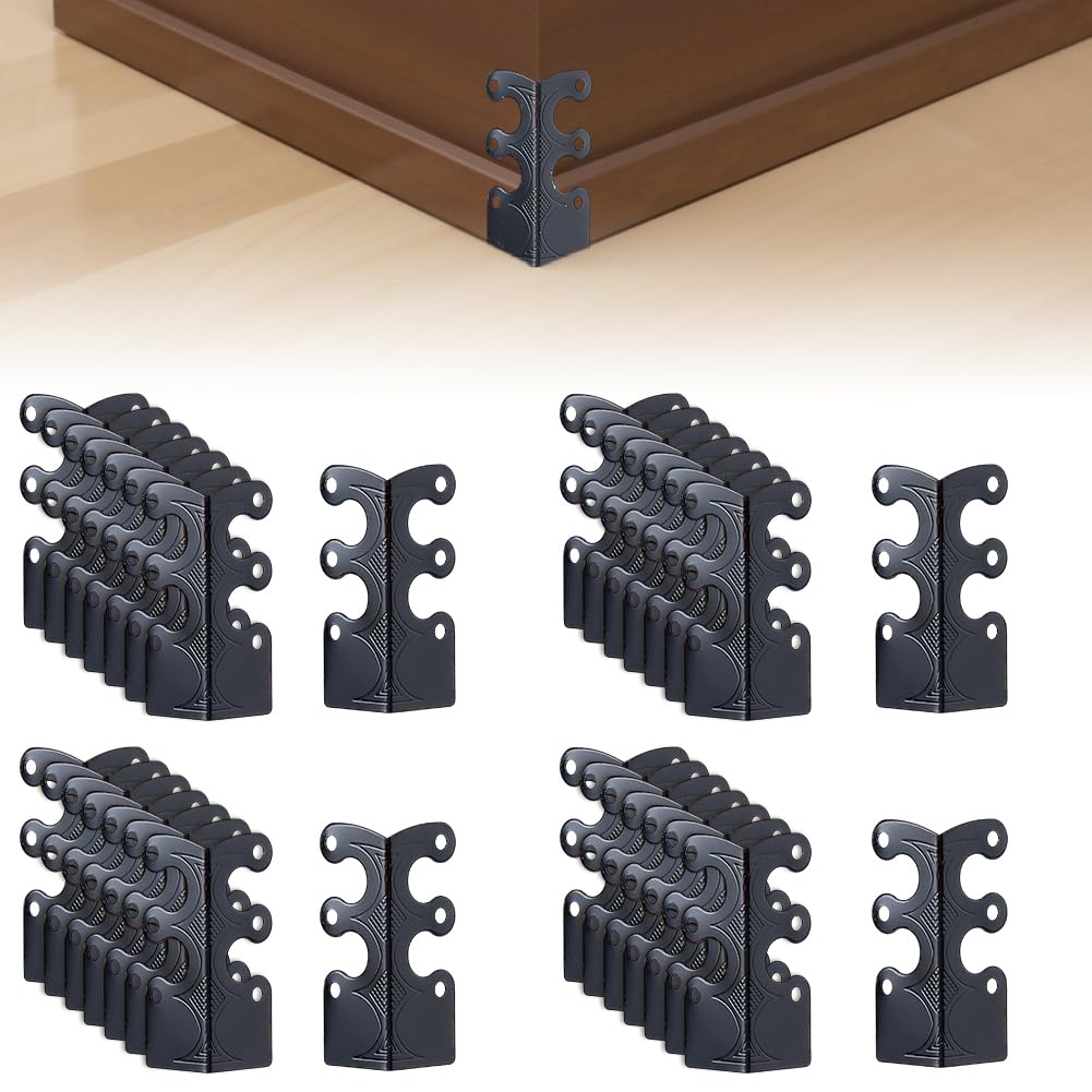 SUPERFINDINGS 32Pcs Baseboard Corner Protectors 48x25.5x13mm Black Skirting Board Corner Protectors Vintage Iron Corner Protector Table Corner Edge Cover with Screws for File Boxes Bookshelves Cases