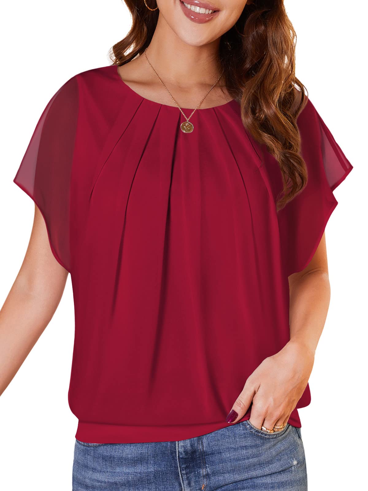 WANGZHI Womens Batwing Sleeve Pleated Round Neck Blouses Dressy Casual Spring Double Layers Mesh Tops for Women 2025