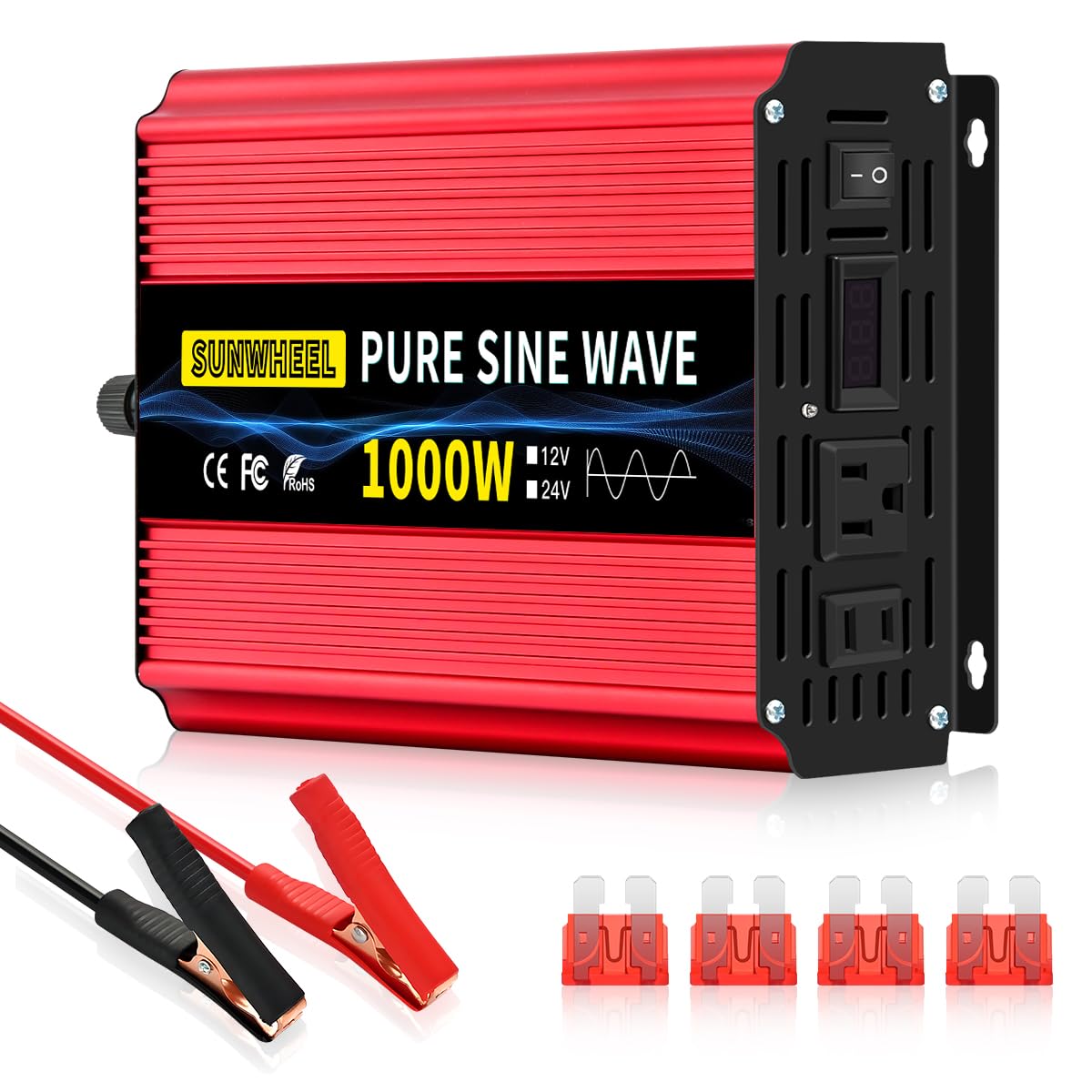 SUNWHEEL 1000W Pure Sine Wave Inverter, 12V DC to 110V/120V AC Power Inverter for RV?Off Grid?Truck?Refrigerator with 2 AC outlets and LCD Display