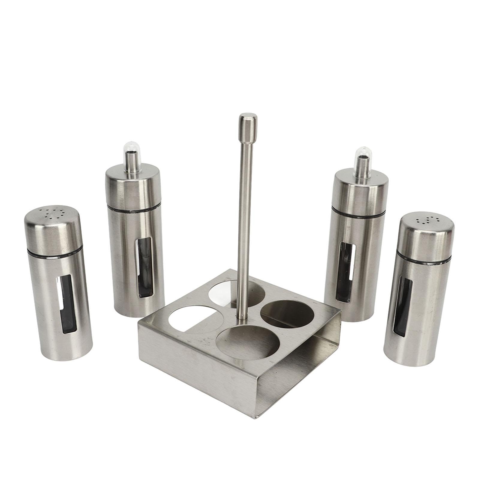Nikou Set de Aceite y Vinagre, Salero y Pimentero, Acero Inoxidable Juego de 4 Botellas de Vinagre y Aceite, con Estante para Especias, Tarros de Especias para Cocina, Restaurante, Barbacoa