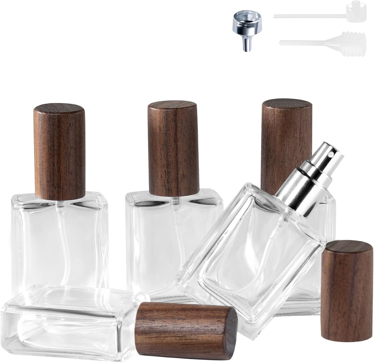 Atomizador de perfume, botellas de perfume en aerosol recargables 5 piezas 0,5 oz/15 ml | Tapa de madera auténtica, aspecto clásico, a prueba de fugas, tamaño compacto, botella sólida, pulverización de retoque diario