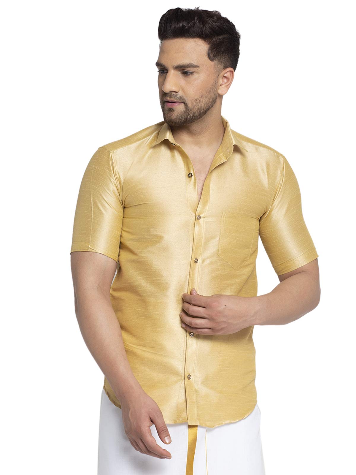 BANHUSSAINMen's Ethnic Half Sleeve Silk Shirt. GOLD