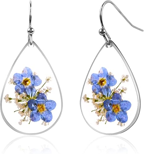 Forget Me Not Handmade Pressed Flower Earrings Sterling Silver Earrings for Women Drop Dangle Earrings Resin Dry Flower Earrings for Women Trendy