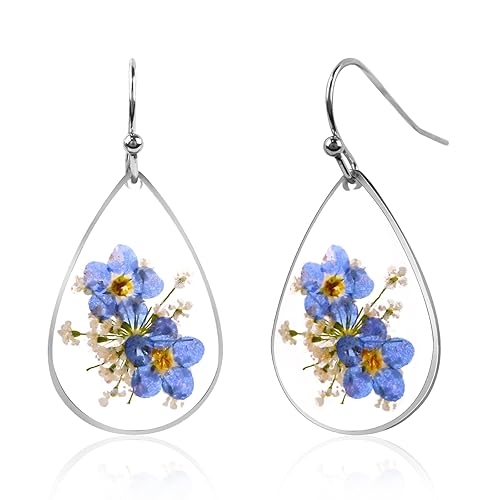 Forget Me Not Handmade Pressed Flower Earrings Sterling Silver Earrings for Women Drop Dangle Earrings Resin Dry Flower Earrings for Women Trendy