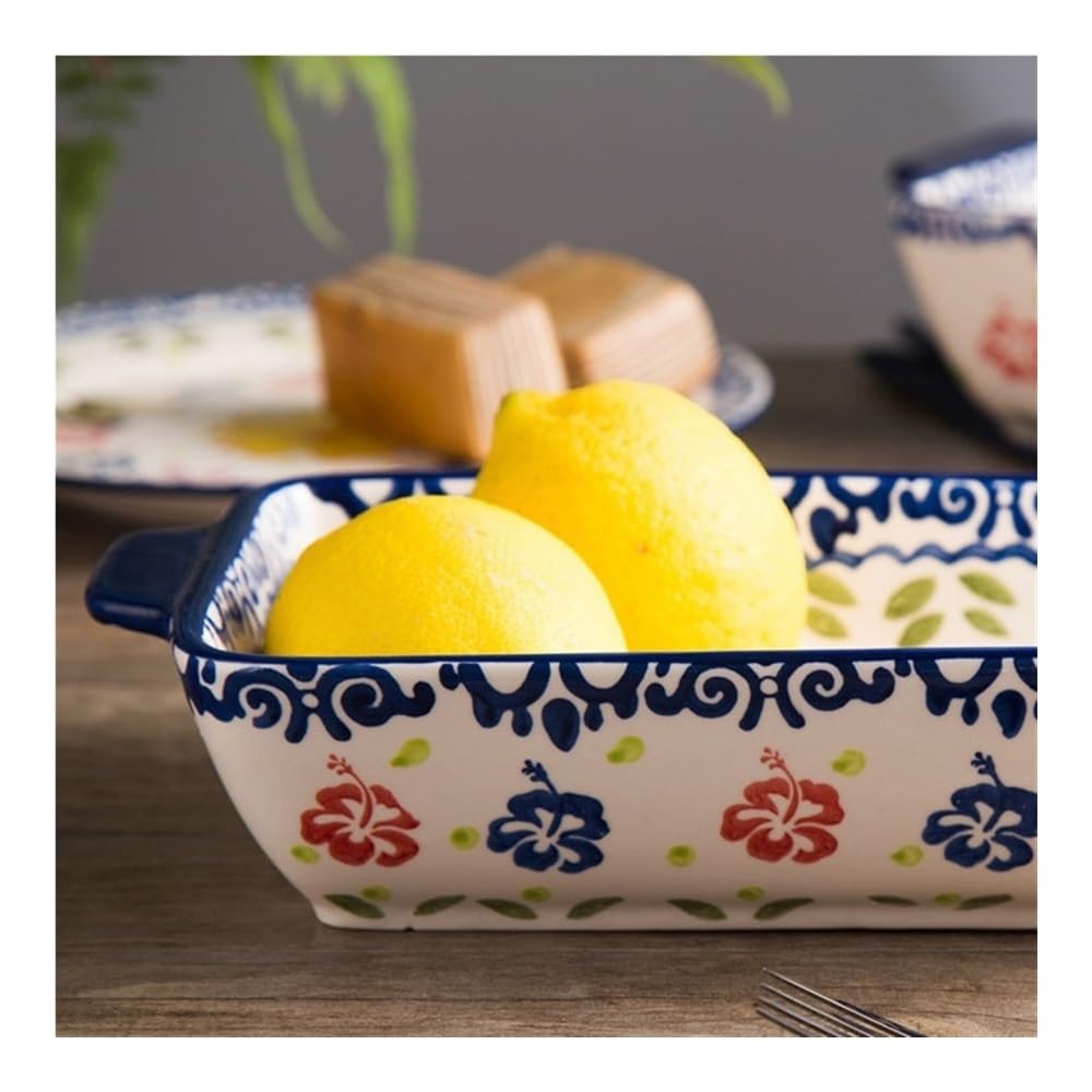 Naczynie do pieczenia Kreatywna, ręcznie malowana, prostokątna ceramiczna forma do pieczenia, talerz do spaghetti w stylu zachodnim, podwójne ucho, warzywa(M)