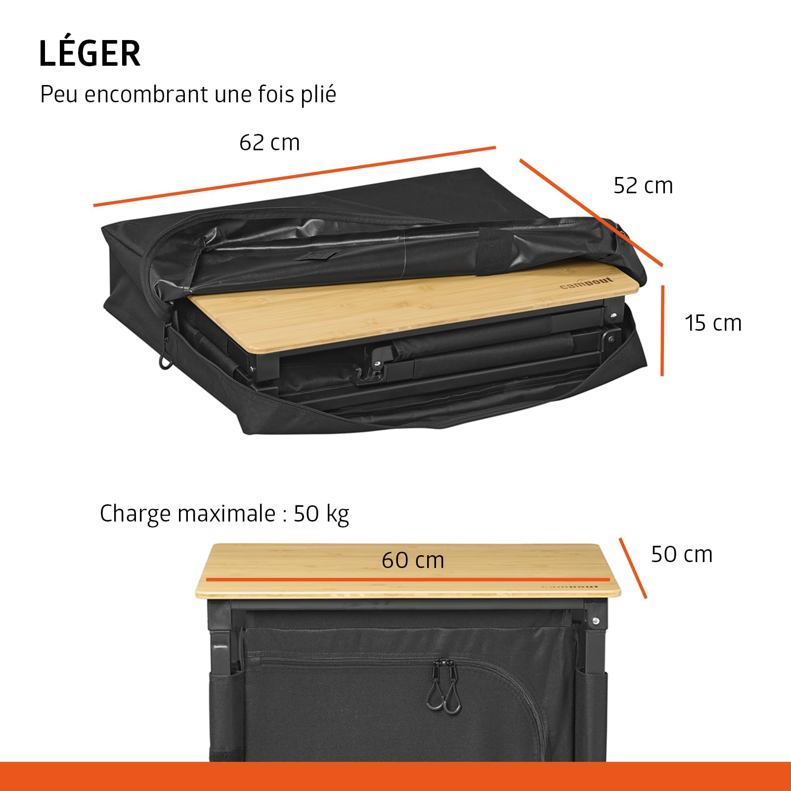 Campout Meuble Cuisine Camping Pliable 60 x 50 x 82 cm – pour Camping Jardin et Balcon – Sac de Transport Inclus – Marron/Noir
