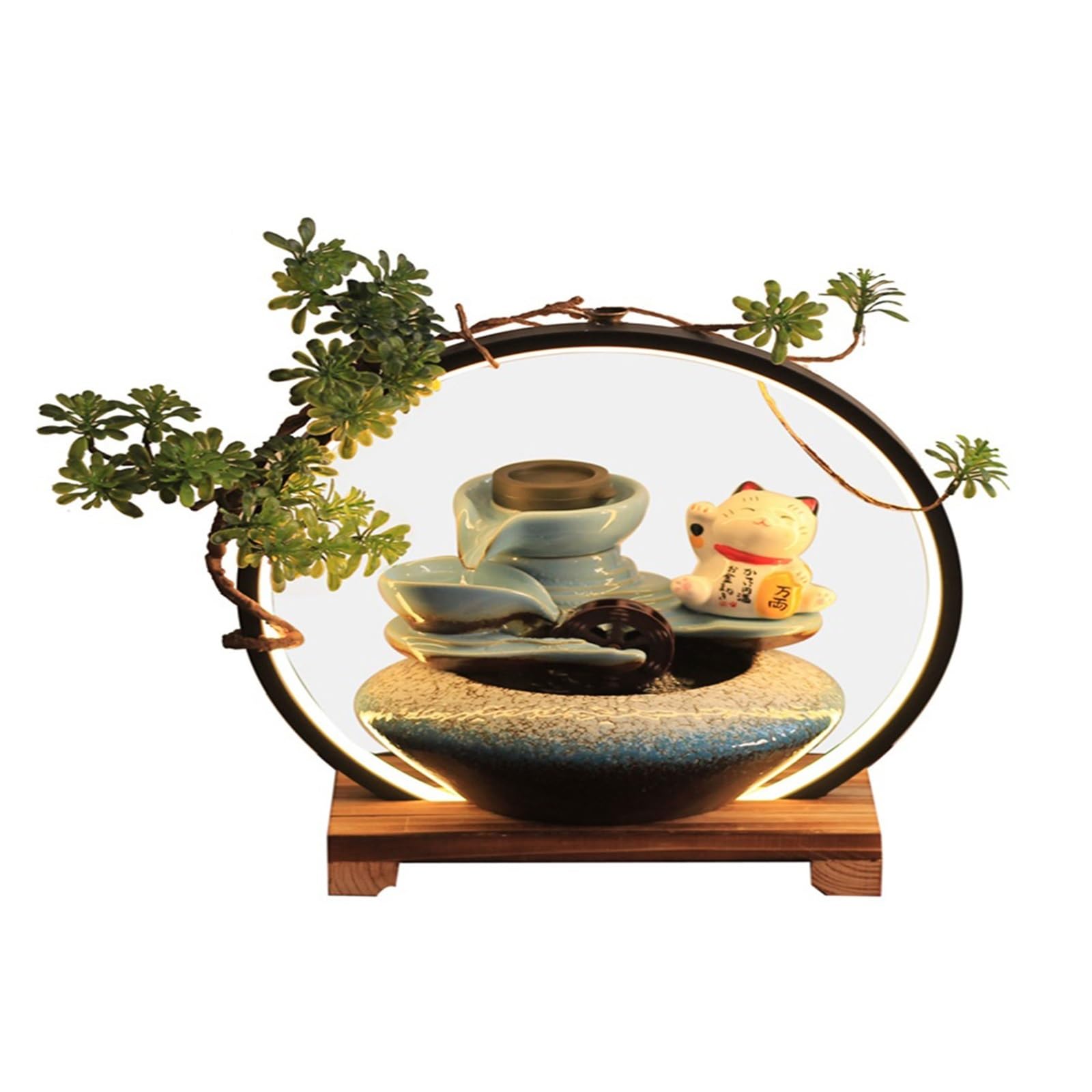 Fontaine d’Intérieur Mini aquarium de jardin zen avec fontaine de chat porte-bonheur – Nouvelle caractéristique d'eau de bureau – Cadeau Feng Shui for la maison et l'entreprise Fontaine de Table