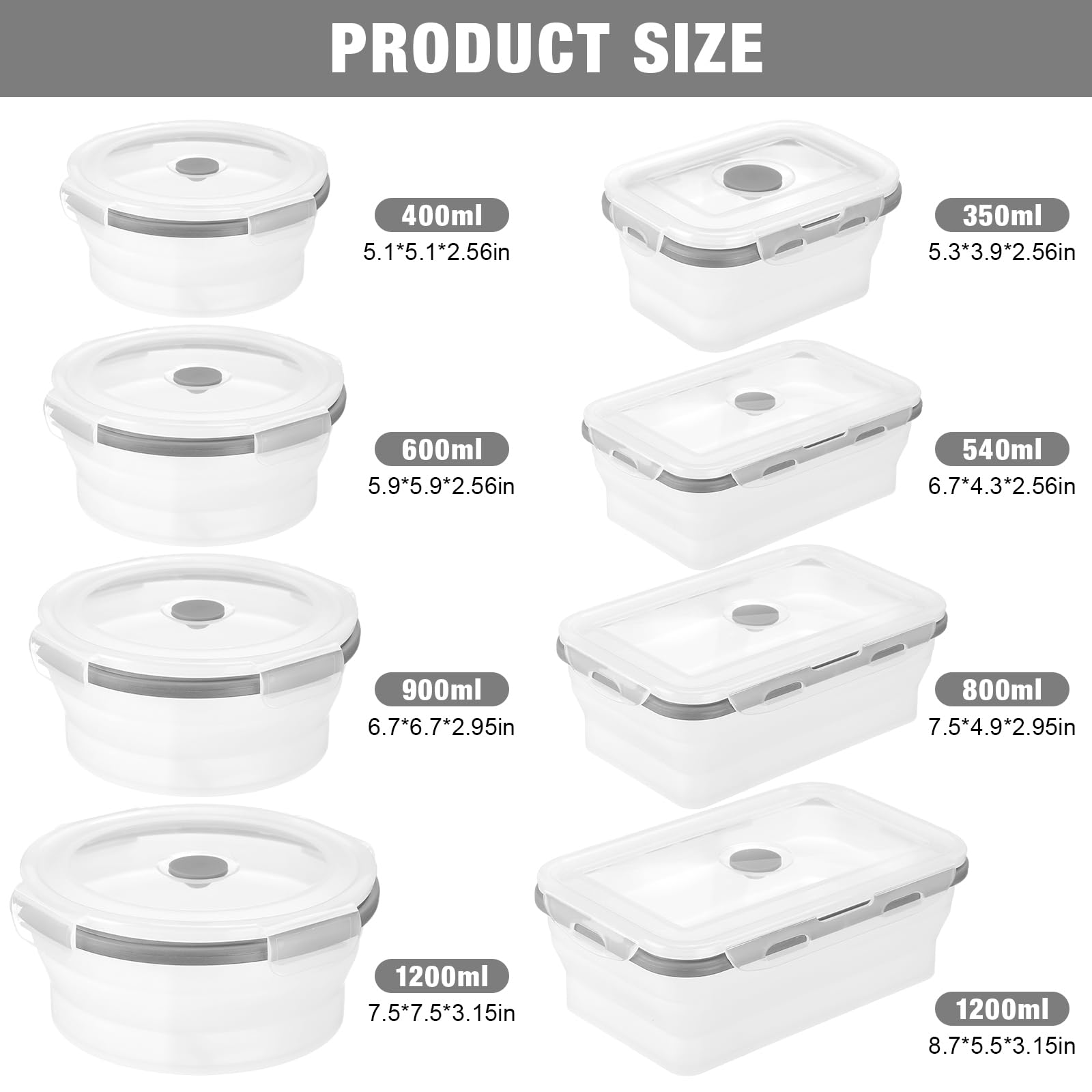 Dandat 12 recipientes plegables de silicona para almacenamiento de alimentos, recipientes plegables de silicona para almuerzo, 6 rectangulares y 6 redondos, herméticos, plegables con tapa, juego para