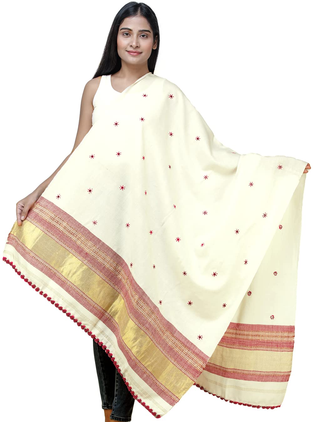 Women's Shawl from Kutch with Embroidered Bootis and Golden Woven Border Wool Shawl (SWD41--apricot)-image-26