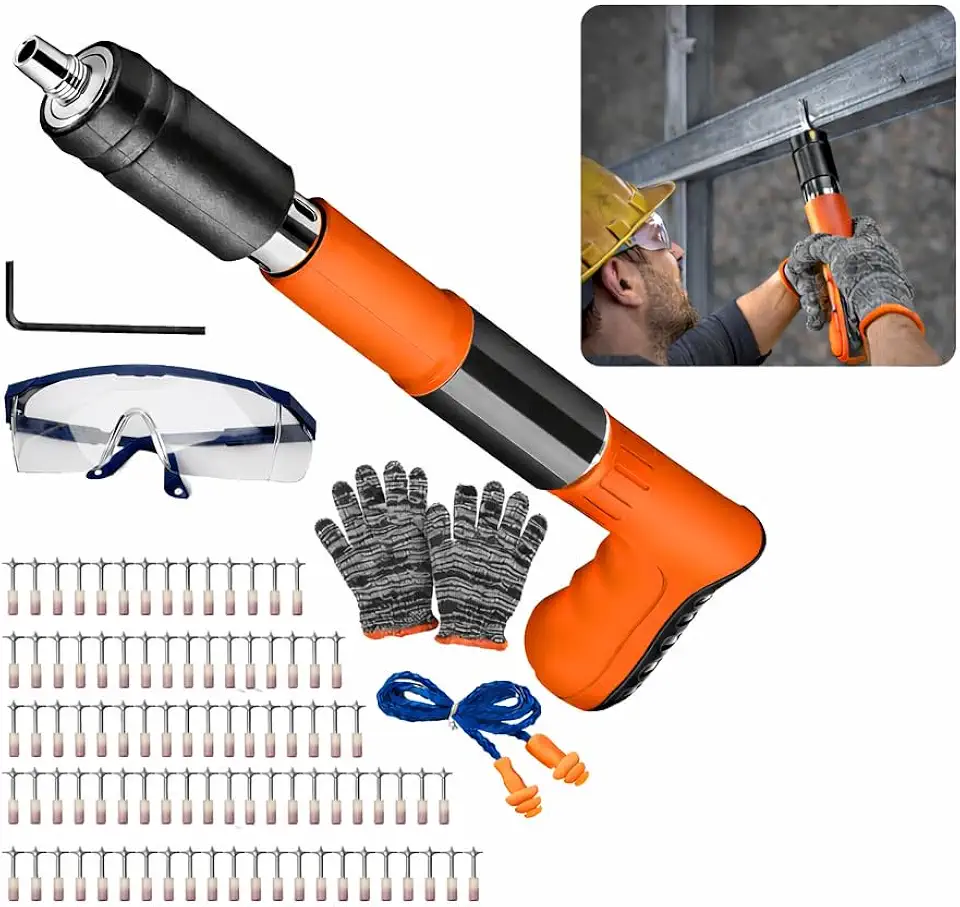 Kit Pistola de Fixação Direta com 50 Pinos, Óculos de Proteção, Luvas e Estojo