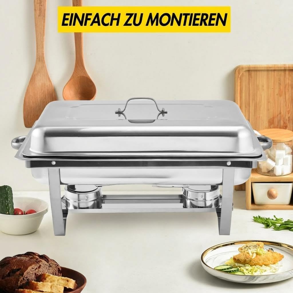 GarveeHome 2er Set Chafing Dish 7,5L Edelstahl Buffetwärmer Speisenwärmer | Brennpastenbehälter inkl.; Hochglanz-Optik; Rechteckig; Spülmaschinenfest; Warmhaltefunktion; Catering & Party-Zubehör