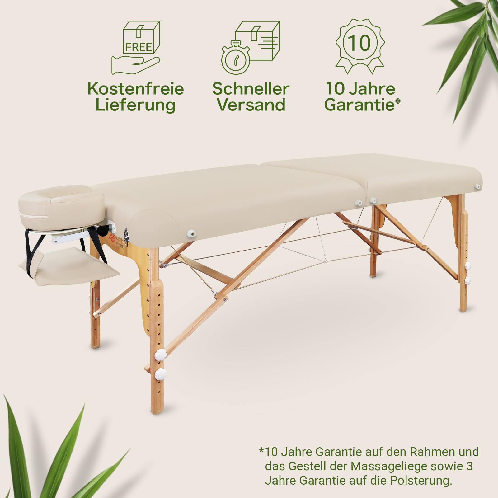 Zen – Mobile Round Corner Massageliege klappbar & höhenverstellbar – Vollholz Massagetisch mit abgerundeten Ecken für aktive Massagestile – Massagebank mit Kopfteil, Armlehnen & Tasche (Creme)