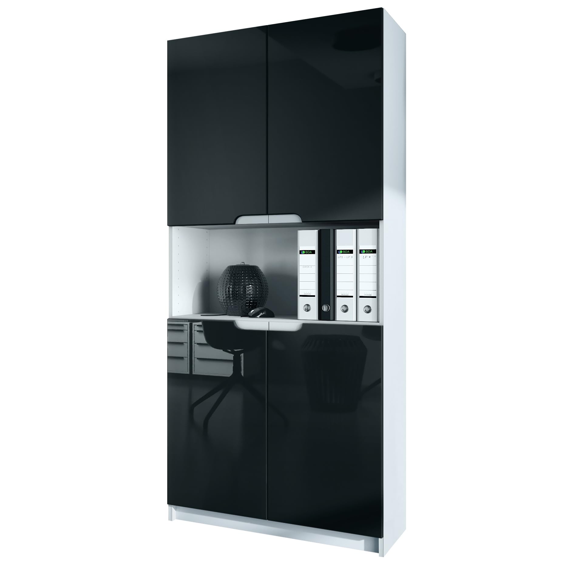 Vladon Logan V2, mobile per ufficio, schedario con 5 scomparti e 4 ante, bianco opaco/nero lucido (82 x 184 x 37 cm)