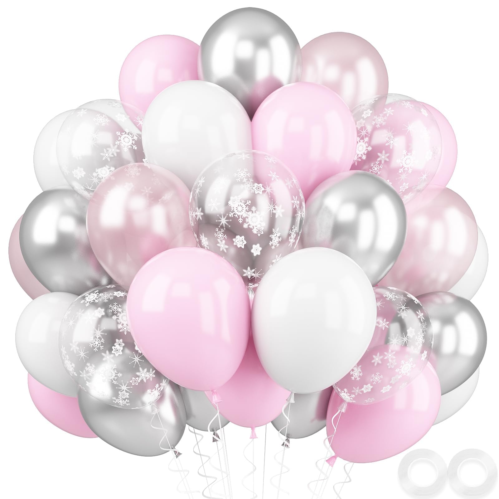 Pink and Silver Balloons, 52 PCS Snowflake Pink and White Balloons, 12 Inch Pink White Silver Pearl Pink Latex Balloons for Girl Baby Shower Birthday