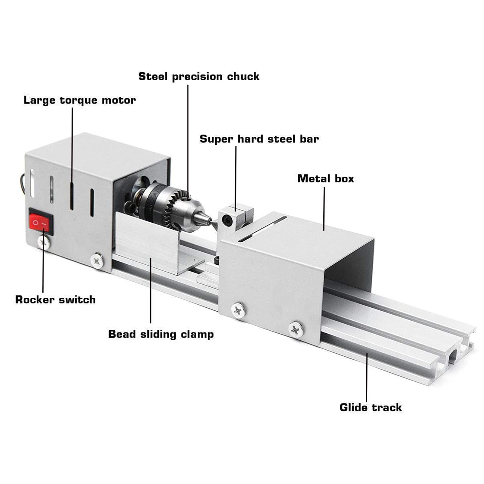 Mini Torno para Madera, Juego de Herramientas for Torno de carpintería de 96 W, Pulido, fresado y rectificado, 12 V-24 V CC