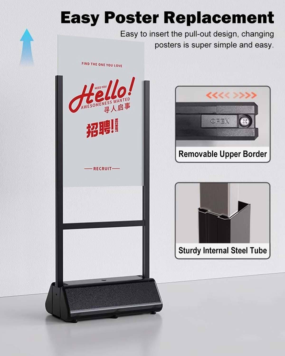 Porte-Affiche Sur Pied, 147 X 36 X 63,5 Cm, Double Face, Avec Socle, En Aluminium, Pour Affichage Publicitaire En Extérieur Et En Intérieur.